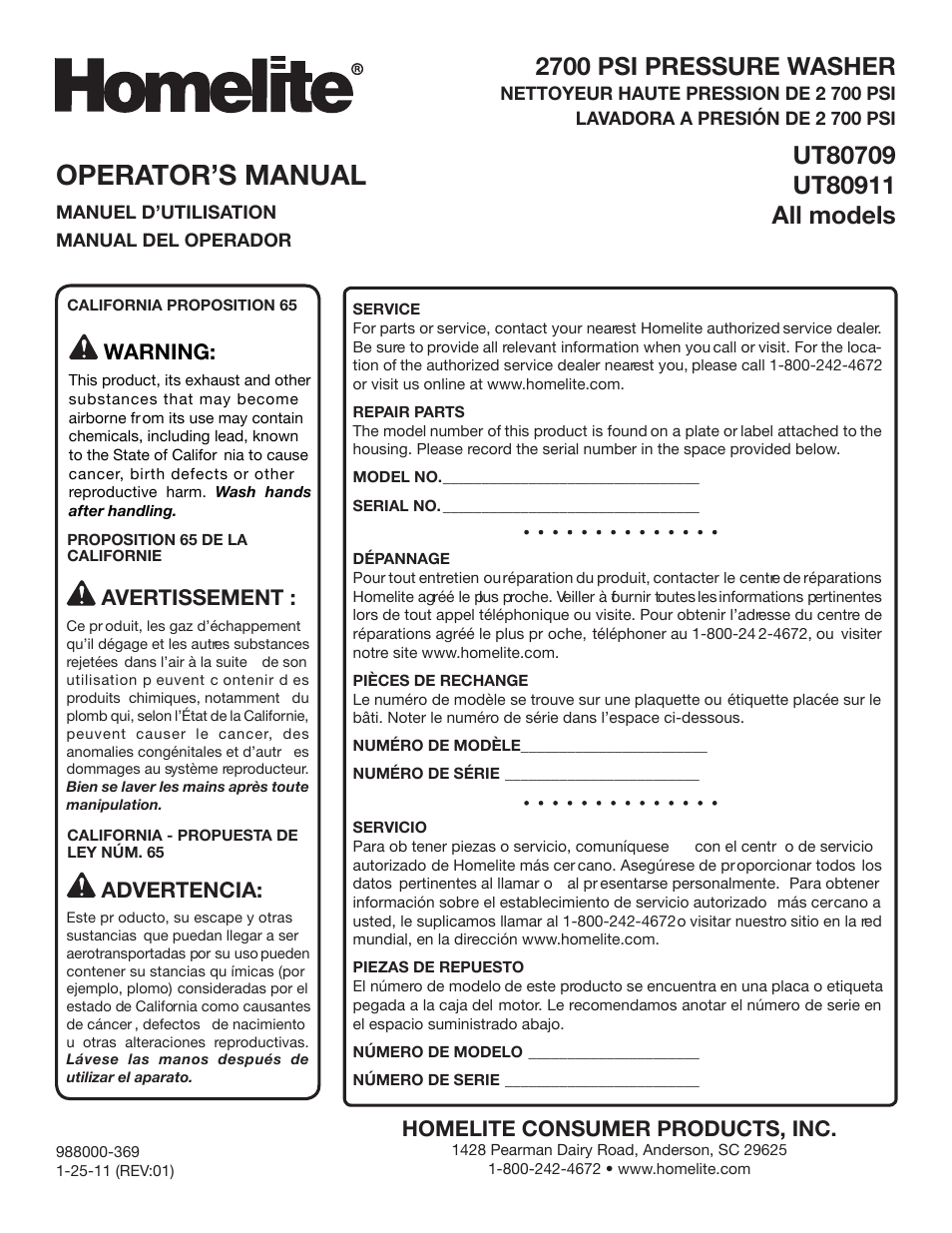 Operator’s manual, 2700 psi pressure washer, Homelite consumer products, inc | Warning, Avertissement, Advertencia | Homelite UT80709 User Manual | Page 66 / 66