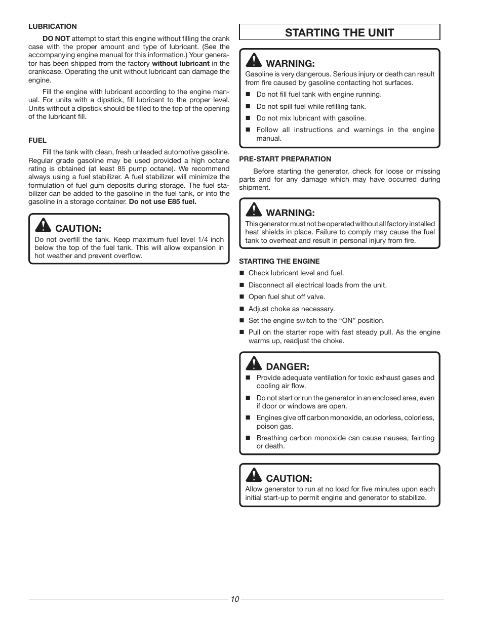 Starting the unit, Caution, Warning | Danger | Homelite HG3510 User Manual | Page 10 / 44