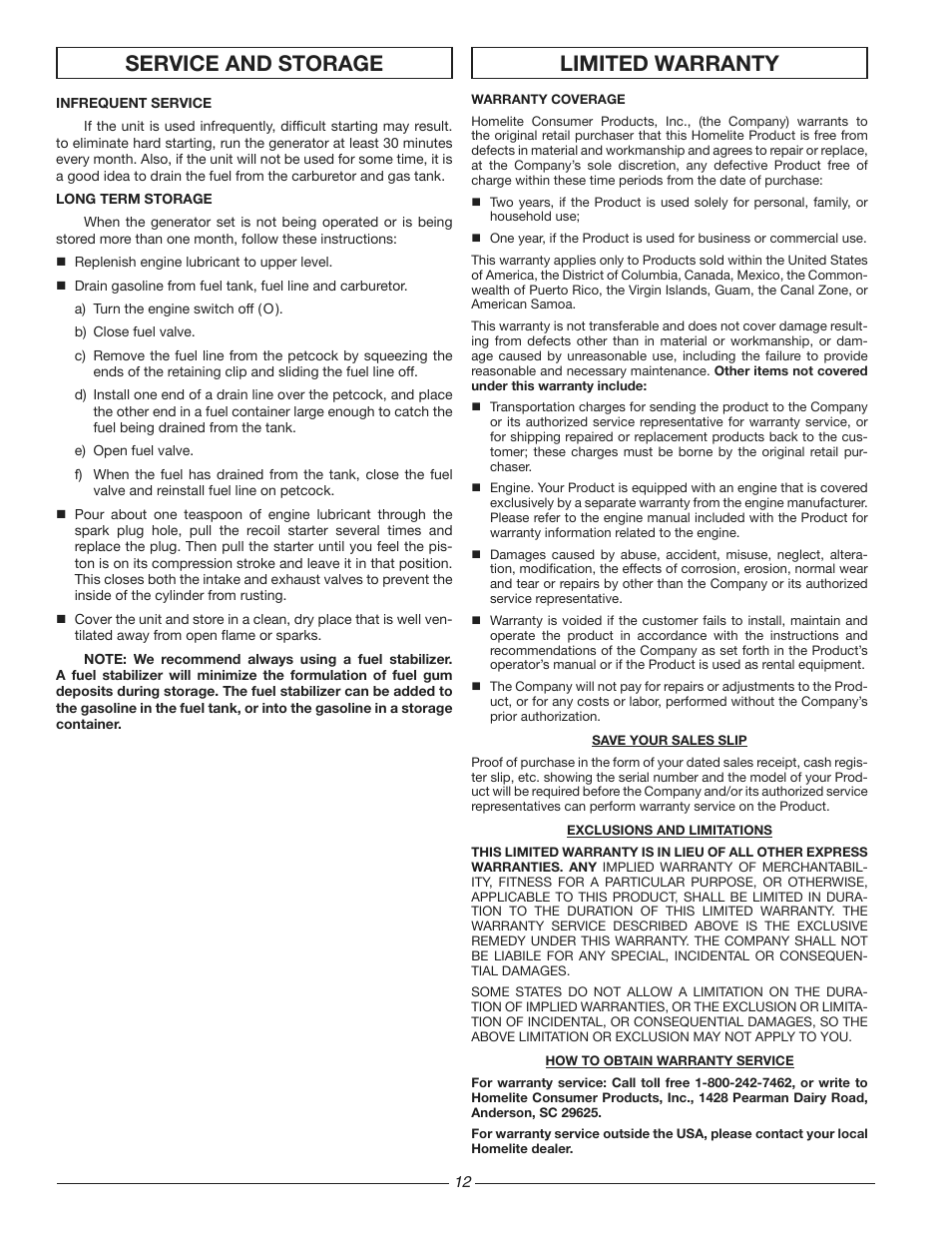 Service and storage, Limited warranty | Homelite HG3510 User Manual | Page 12 / 44