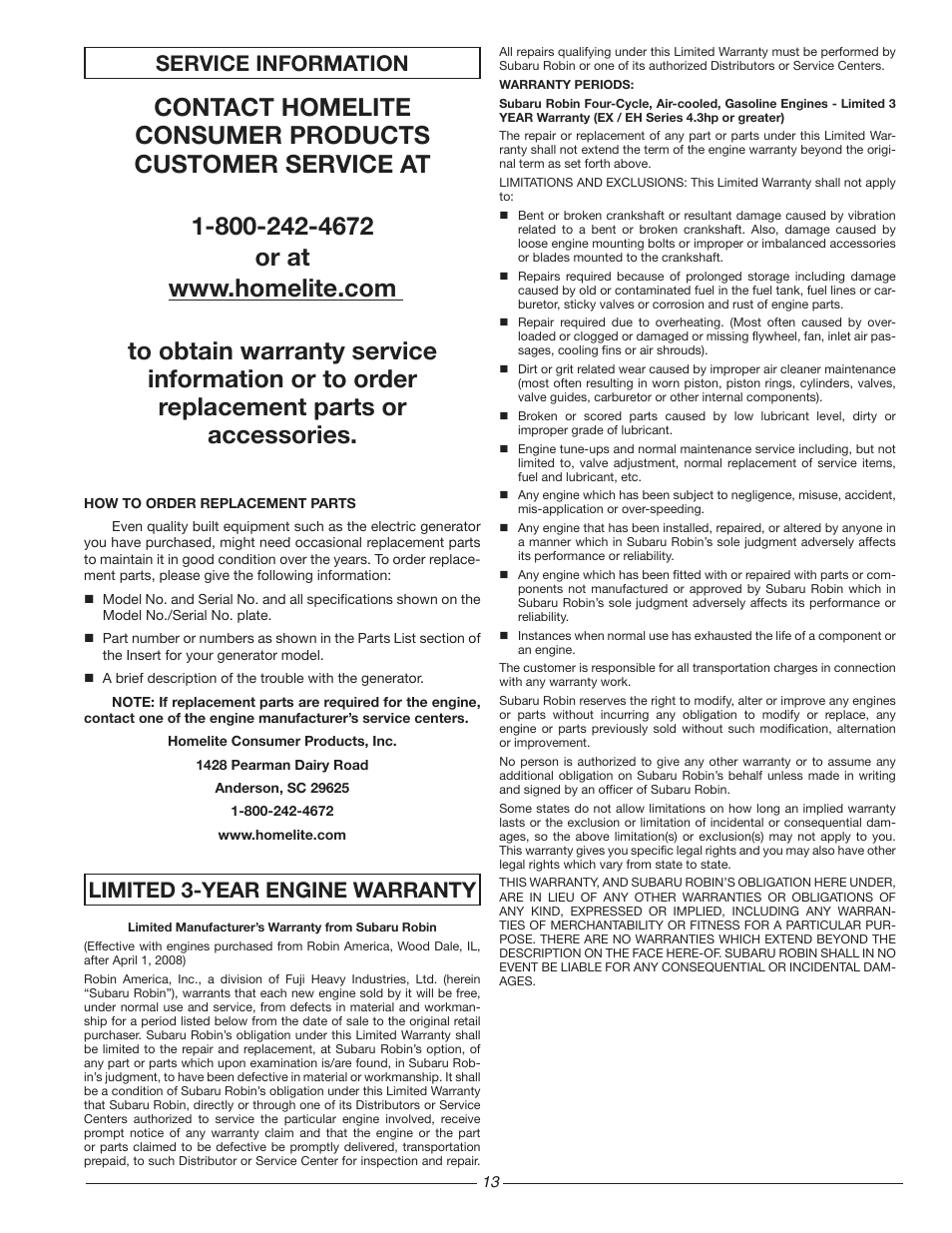 Service information, Limited 3-year engine warranty | Homelite HG3510 User Manual | Page 13 / 44