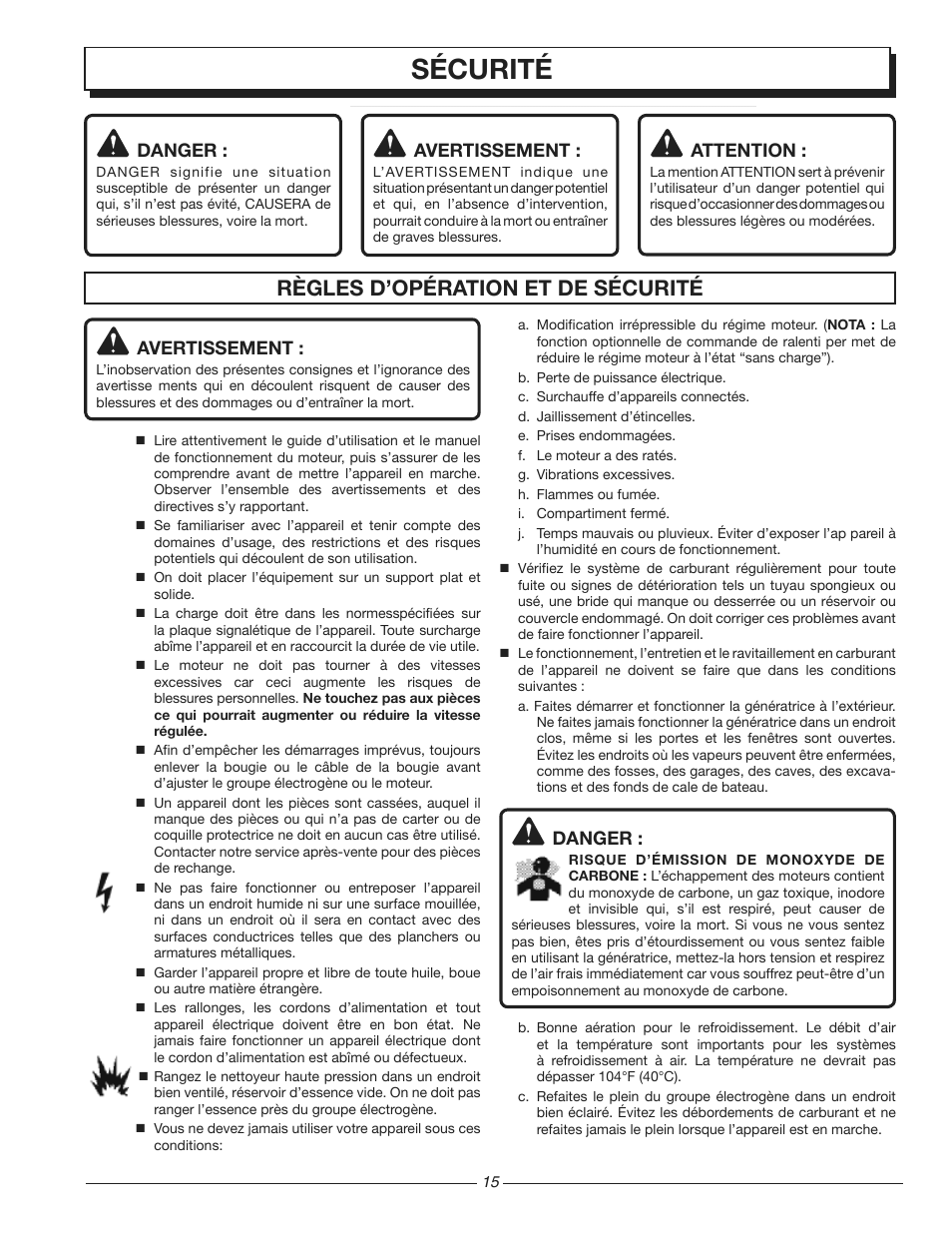 Sécurité, Règles d’opération et de sécurité | Homelite HG3510 User Manual | Page 15 / 44
