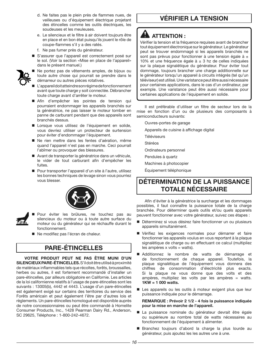 Pare-étincelles, Détermination de la puissance totale nécessaire, Vérifier la tension | Attention | Homelite HG3510 User Manual | Page 16 / 44