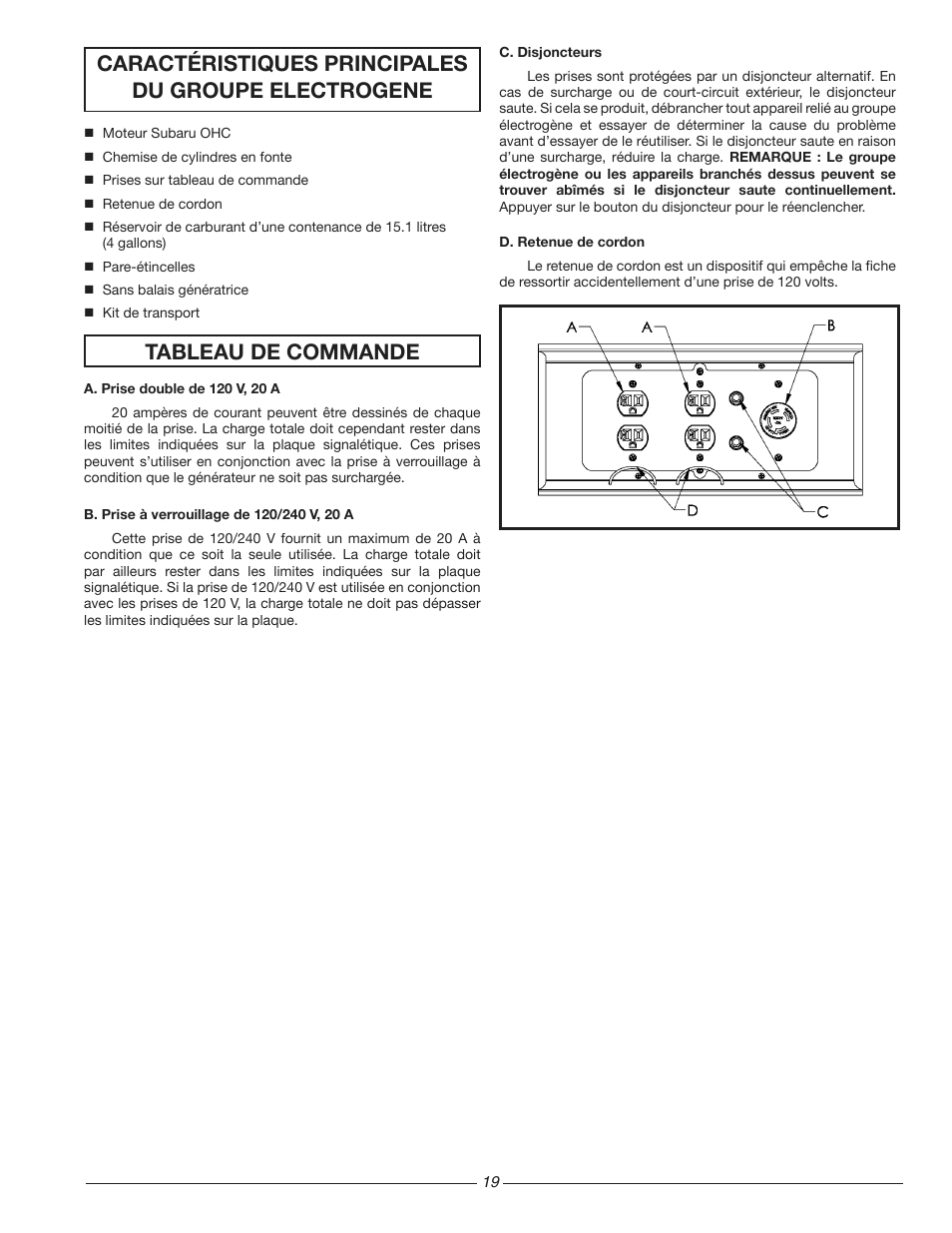 Caractéristiques principales du groupe electrogene, Tableau de commande | Homelite HG3510 User Manual | Page 19 / 44