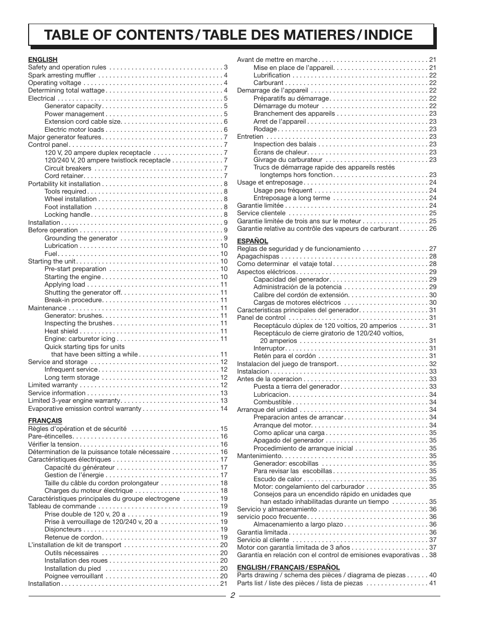 Table of contents / table des matieres / indice | Homelite HG3510 User Manual | Page 2 / 44