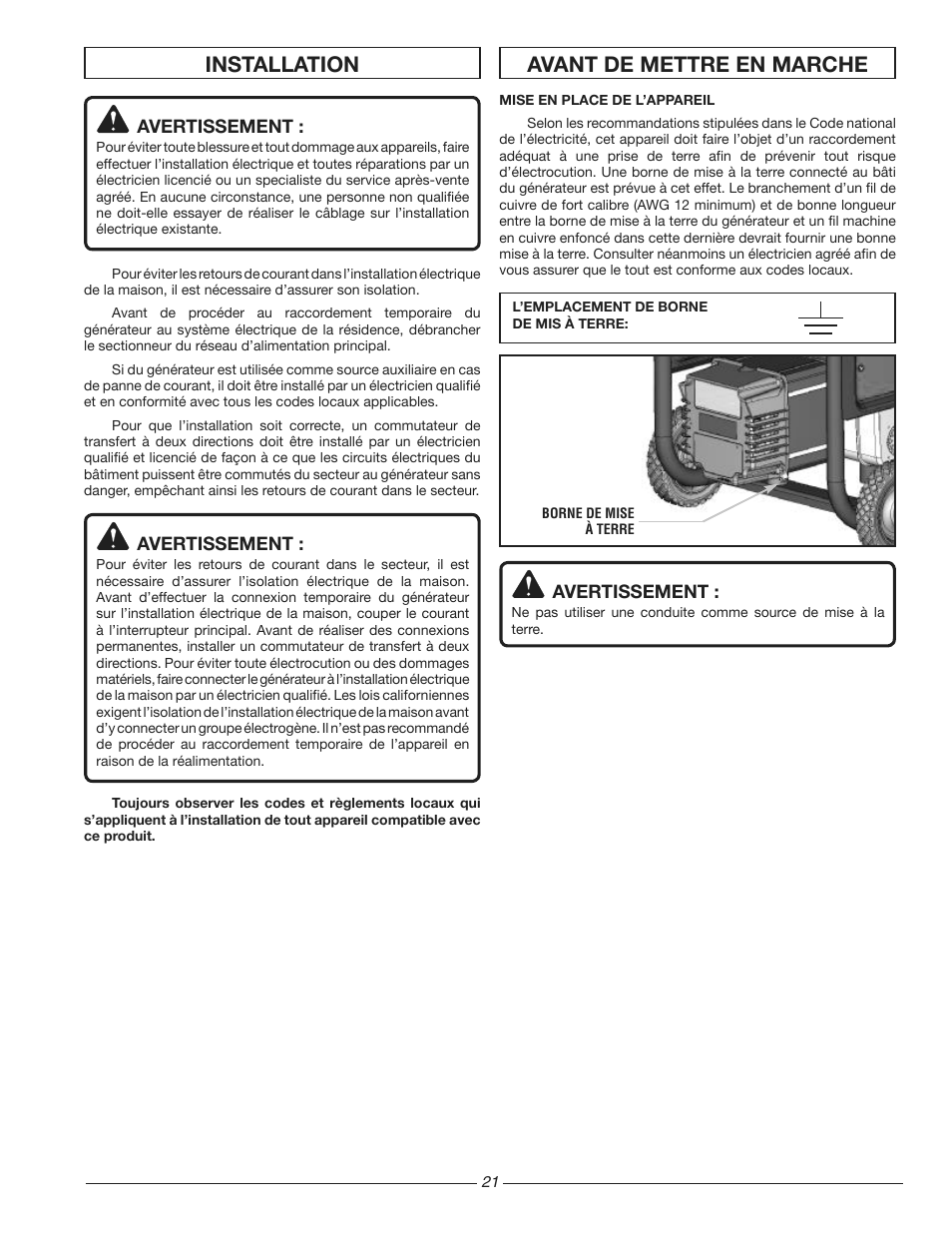 Installation, Avant de mettre en marche | Homelite HG3510 User Manual | Page 21 / 44