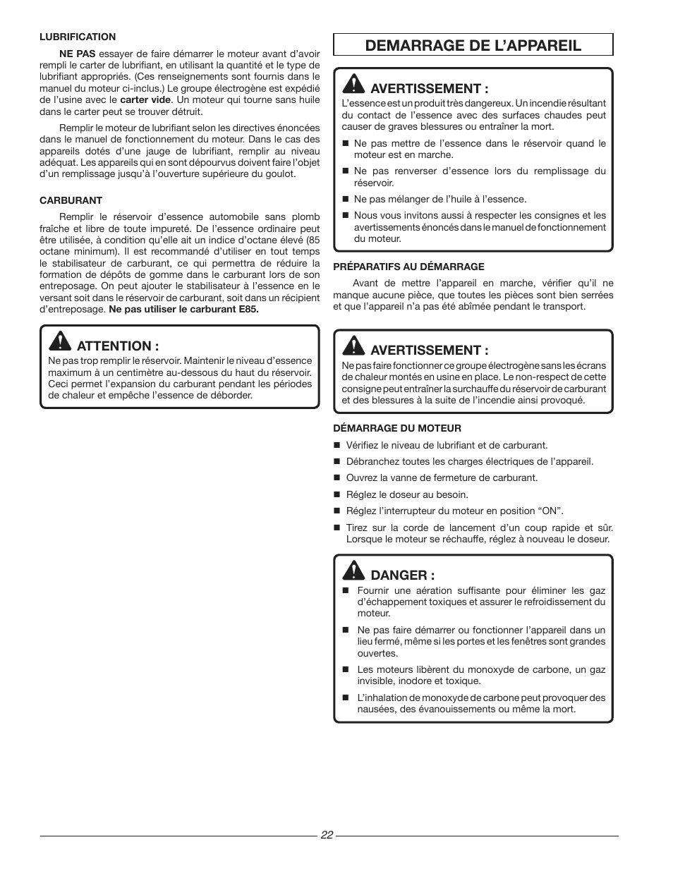 Demarrage de l’appareil, Attention, Avertissement | Danger | Homelite HG3510 User Manual | Page 22 / 44