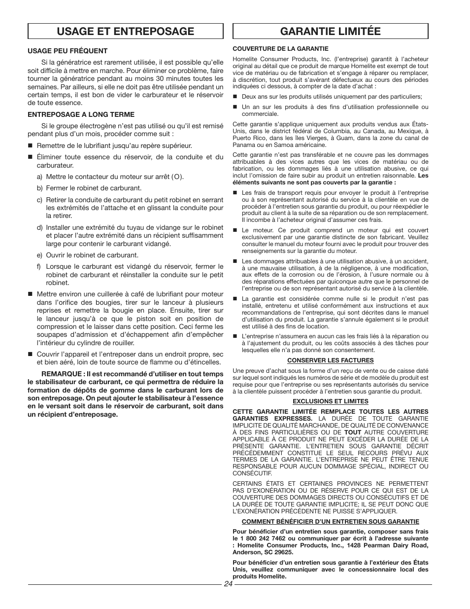 Usage et entreposage, Garantie limitée | Homelite HG3510 User Manual | Page 24 / 44