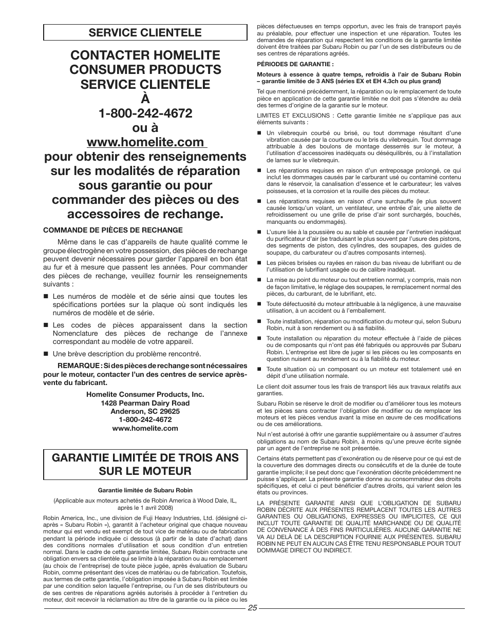 Service clientele, Garantie limitée de trois ans sur le moteur | Homelite HG3510 User Manual | Page 25 / 44