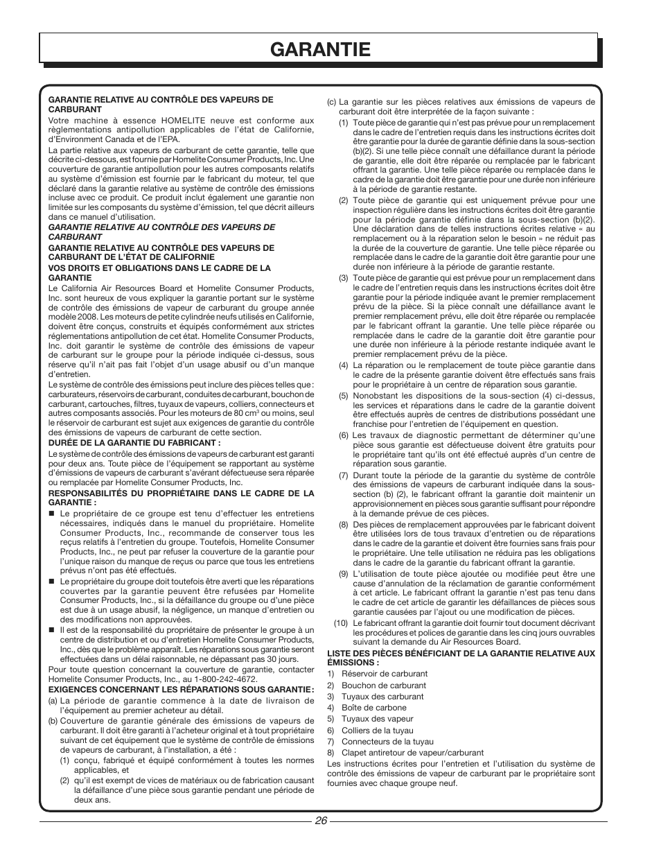 Garantie | Homelite HG3510 User Manual | Page 26 / 44