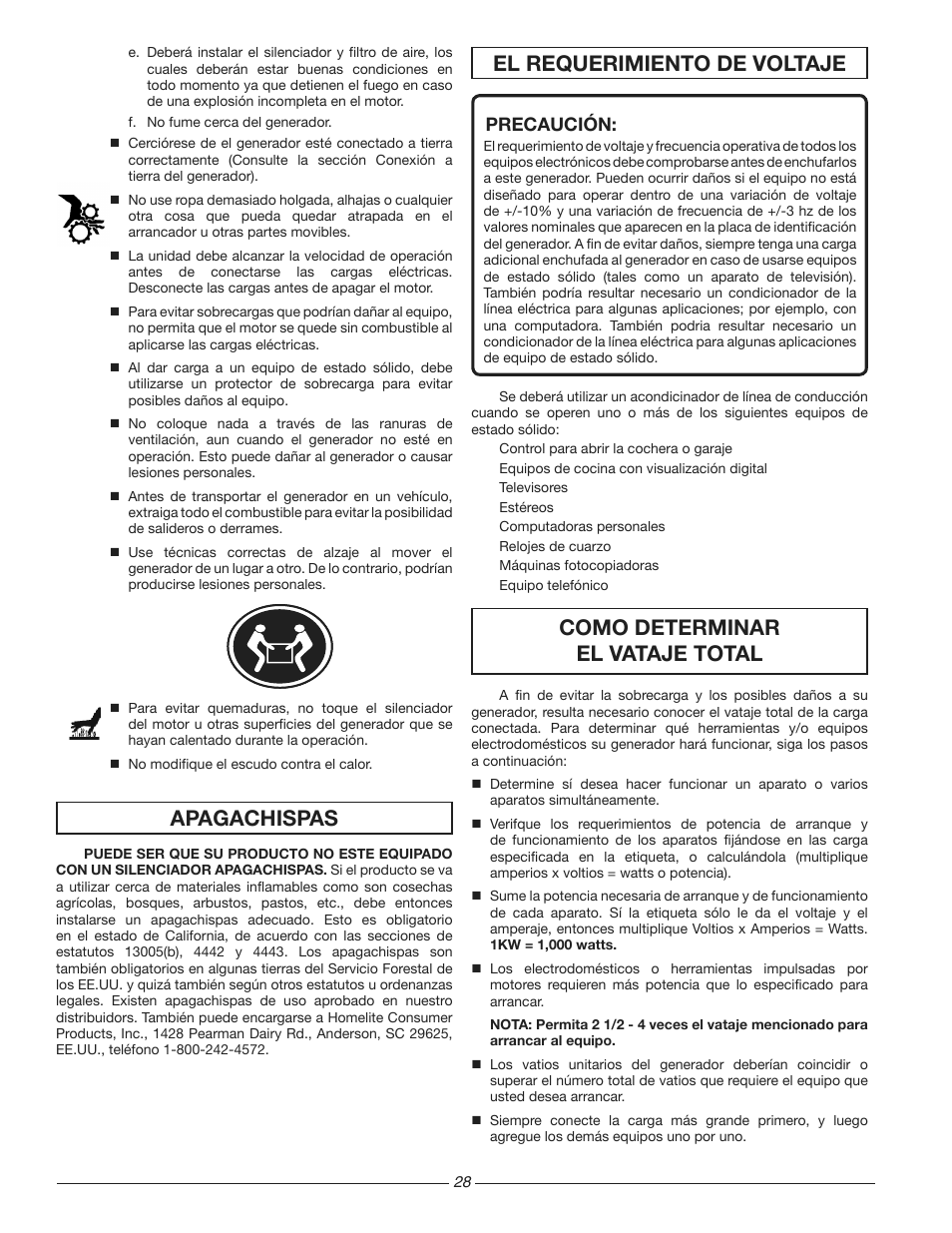 El requerimiento de voltaje, Apagachispas como determinar el vataje total, Precaución | Homelite HG3510 User Manual | Page 28 / 44