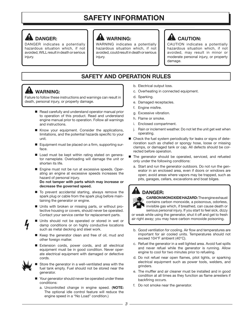 Safety information, Safety and operation rules, Danger | Warning, Caution | Homelite HG3510 User Manual | Page 3 / 44