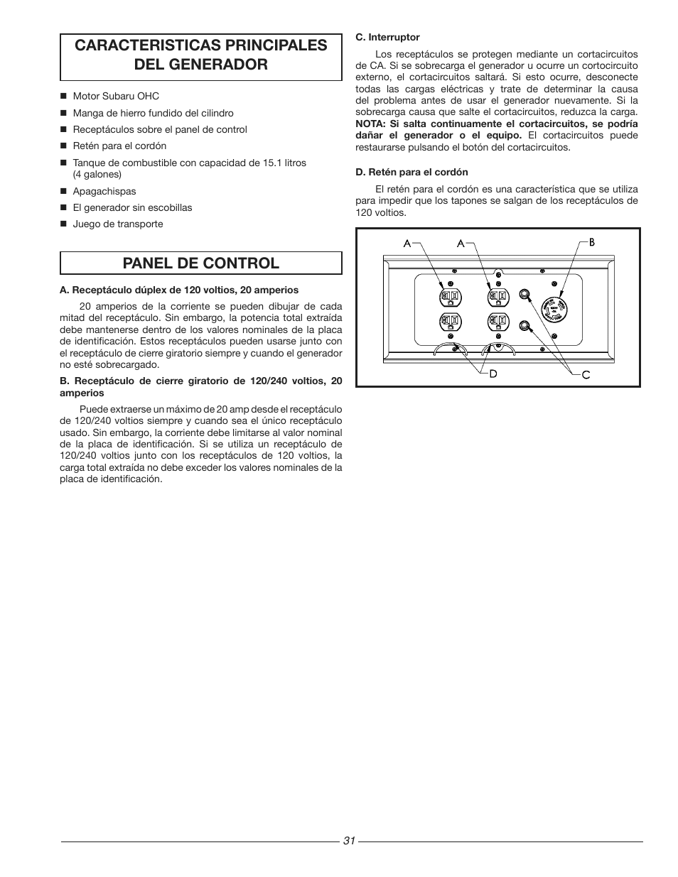 Caracteristicas principales del generador, Panel de control | Homelite HG3510 User Manual | Page 31 / 44