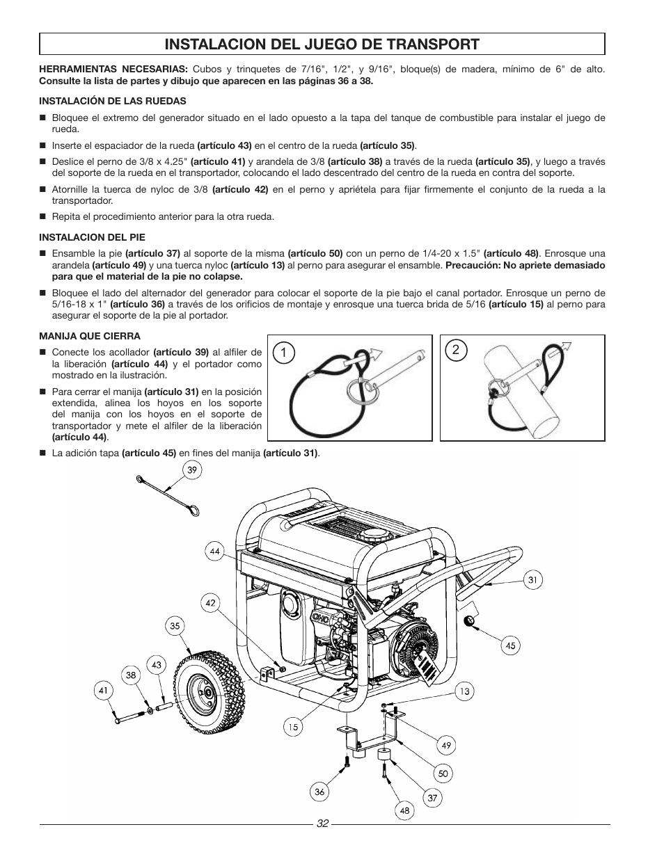 Instalacion del juego de transport | Homelite HG3510 User Manual | Page 32 / 44