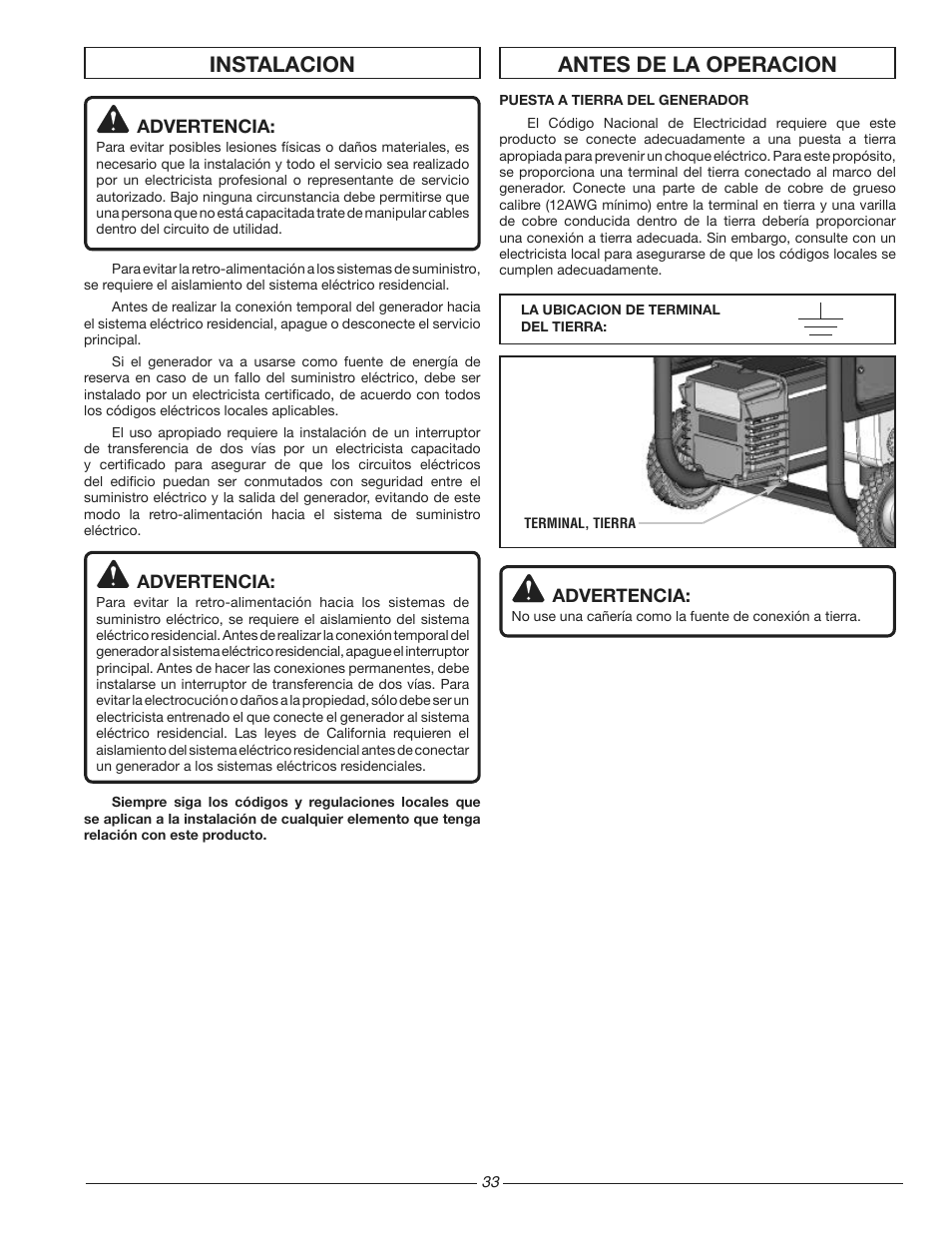 Antes de la operacion, Instalacion | Homelite HG3510 User Manual | Page 33 / 44