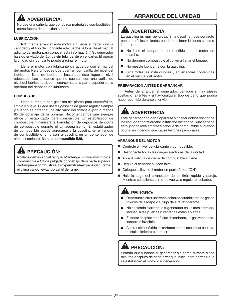 Arranque del unidad, Advertencia, Precaución | Peligro | Homelite HG3510 User Manual | Page 34 / 44