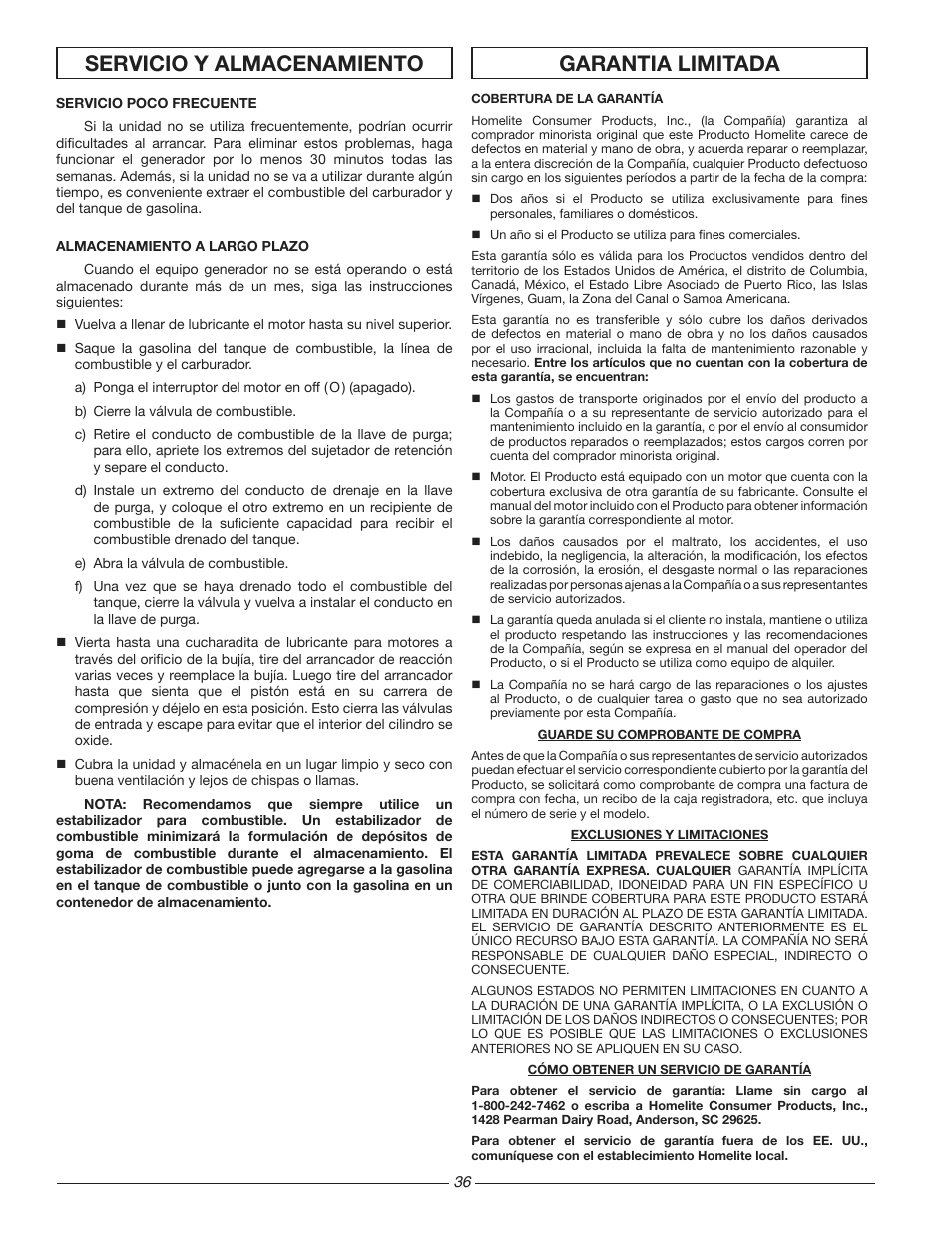 Servicio y almacenamiento garantia limitada | Homelite HG3510 User Manual | Page 36 / 44