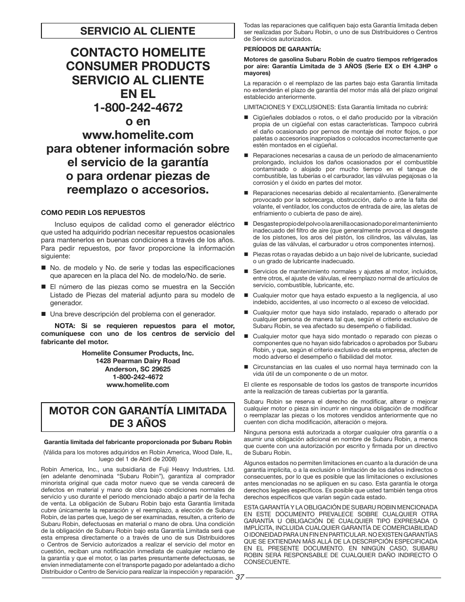 Motor con garantía limitada de 3 años, Servicio al cliente | Homelite HG3510 User Manual | Page 37 / 44