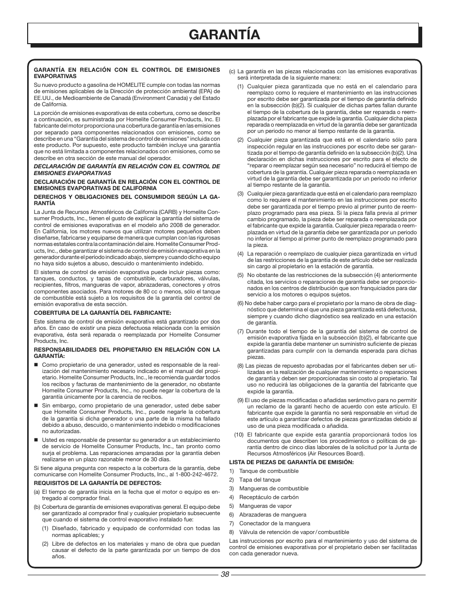 Garantía | Homelite HG3510 User Manual | Page 38 / 44