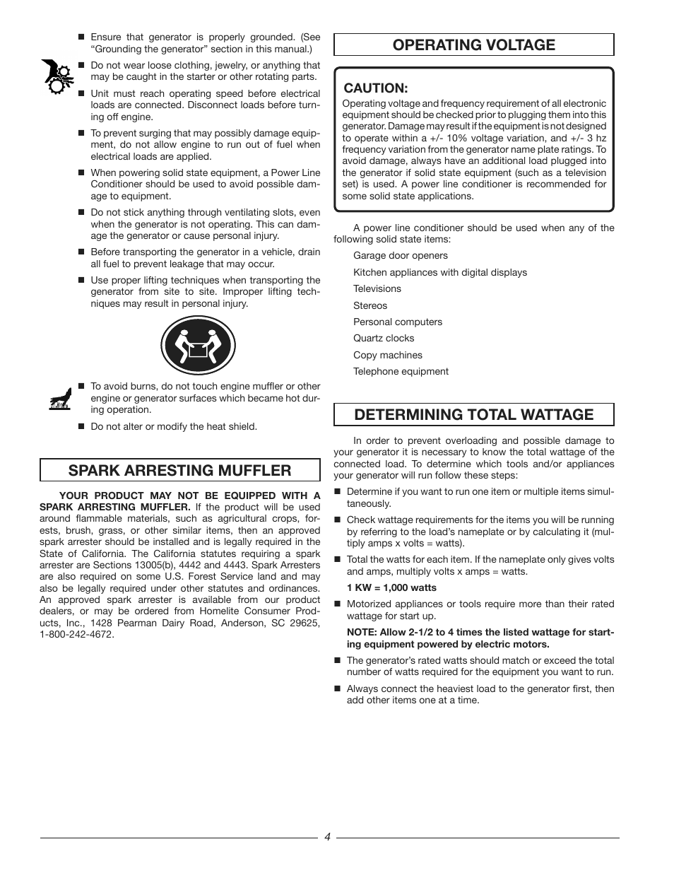 Operating voltage, Spark arresting muffler, Determining total wattage | Caution | Homelite HG3510 User Manual | Page 4 / 44