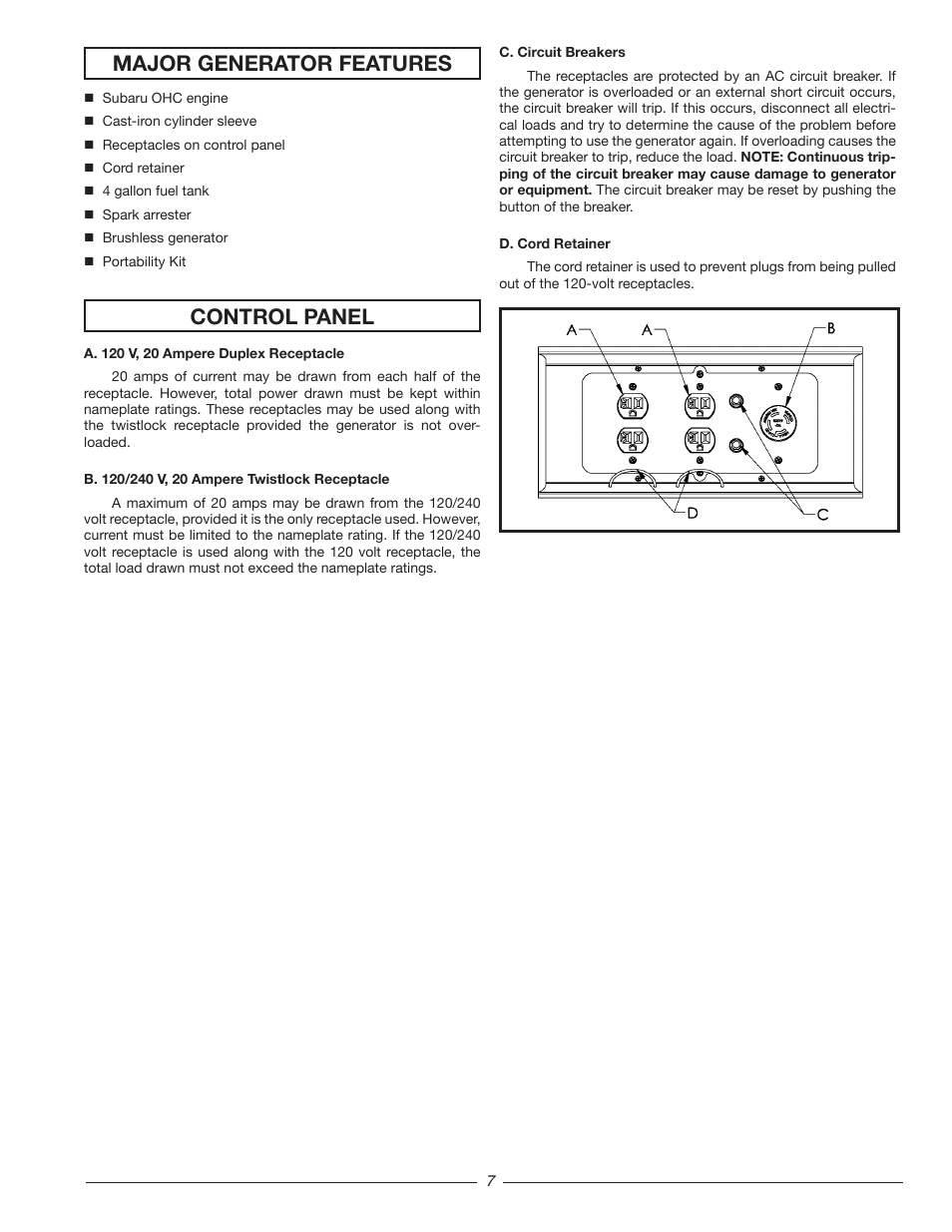 Major generator features, Control panel | Homelite HG3510 User Manual | Page 7 / 44