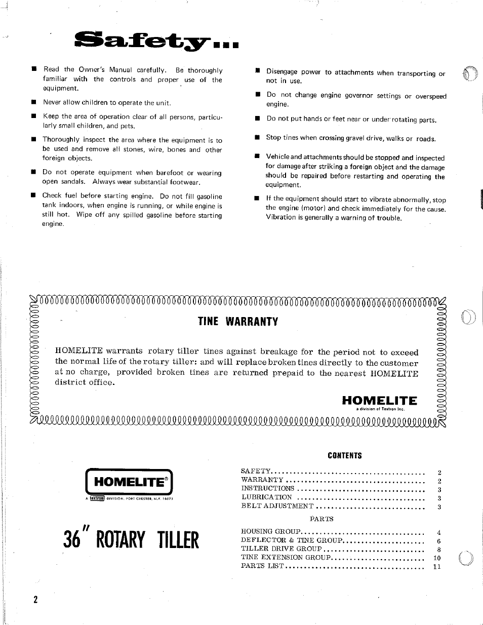 Homelite, 36 rotary tiller, Tine warranty | Homelite 24666 User Manual | Page 2 / 12