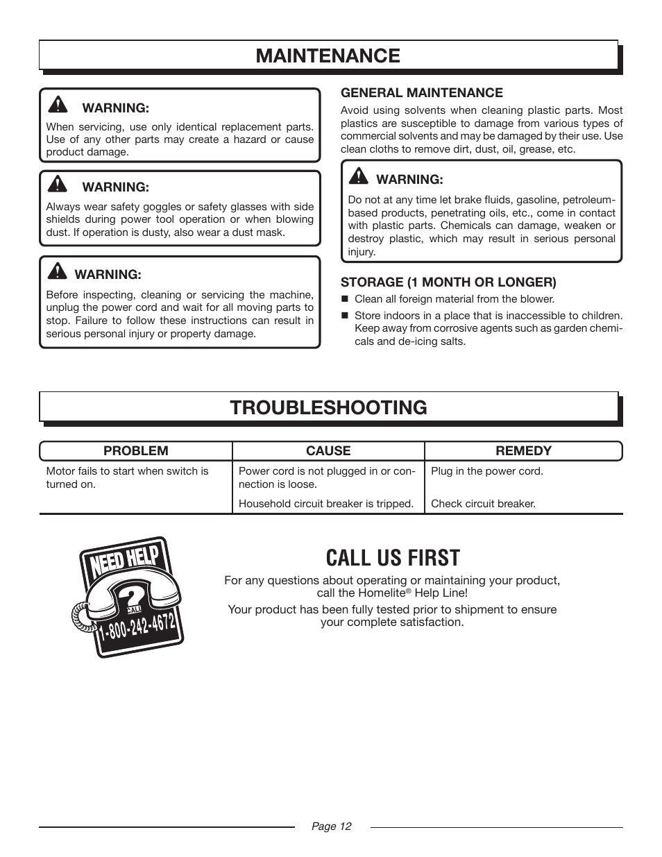 Call us first, Maintenance, Troubleshooting | Homelite UT42799 User Manual | Page 12 / 14