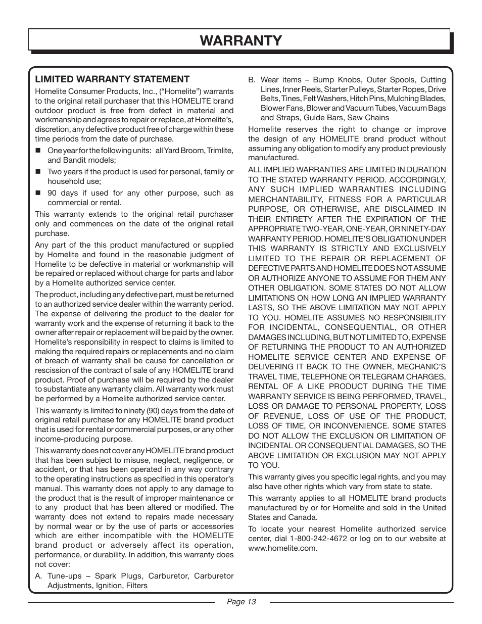 Warranty | Homelite UT42799 User Manual | Page 13 / 14