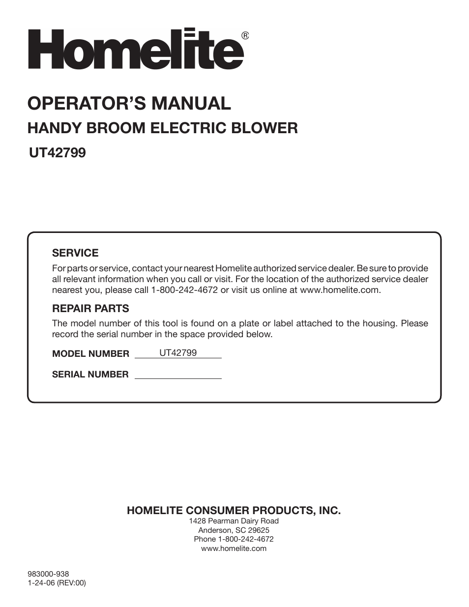 Operator’s manual, Handy broom electric blower | Homelite UT42799 User Manual | Page 14 / 14