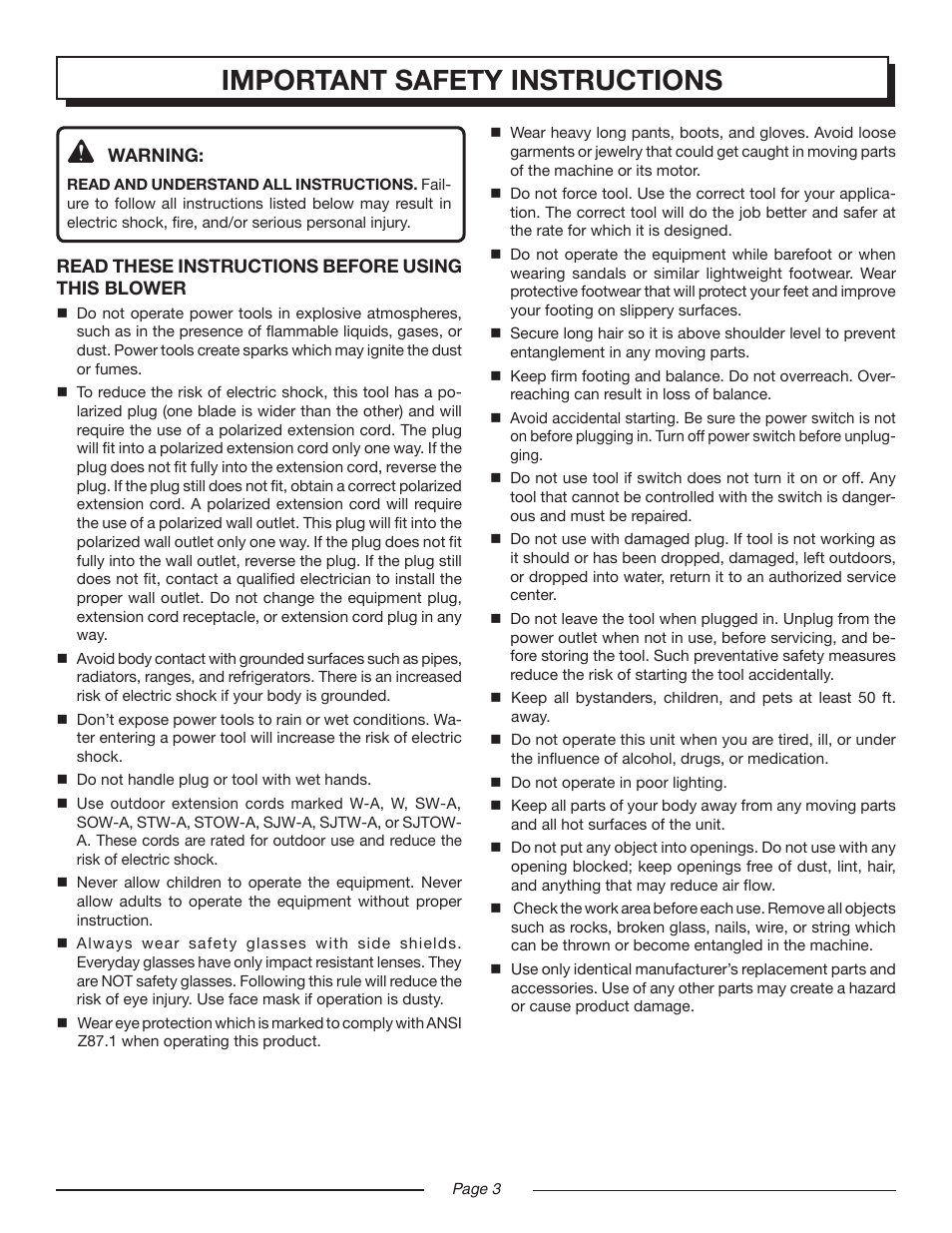 Important safety instructions | Homelite UT42799 User Manual | Page 3 / 14