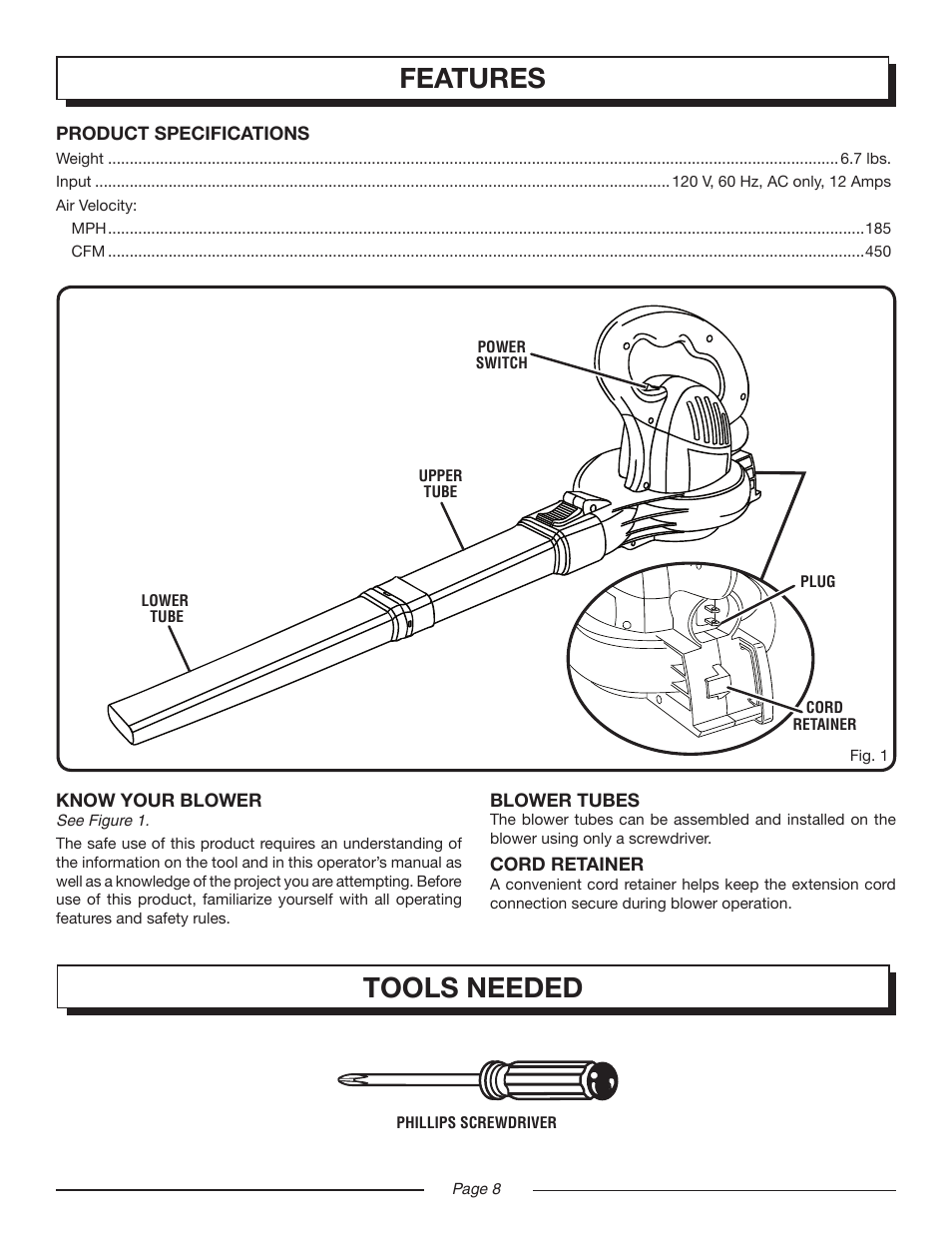 Features, Tools needed | Homelite UT42799 User Manual | Page 8 / 14