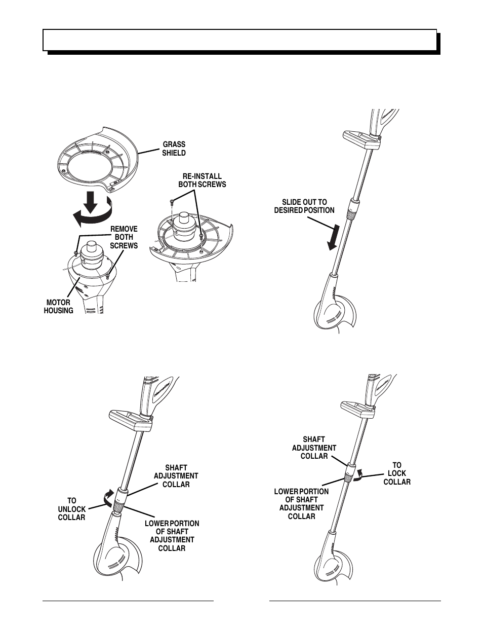 Assembly, Installing grass shield, Adjusting the shaft | Page 8 | Homelite ZR31810 User Manual | Page 8 / 18