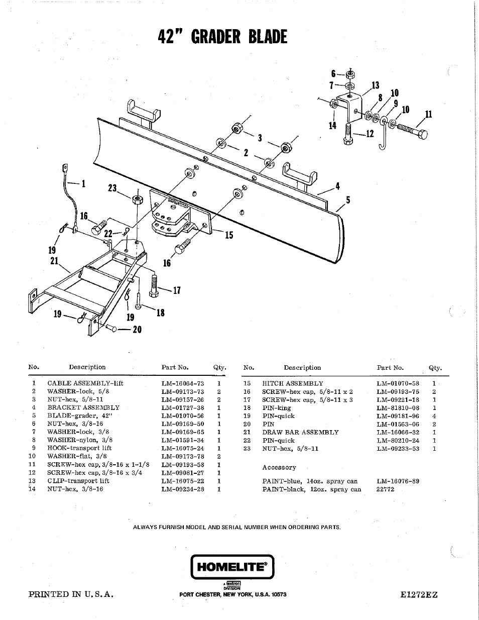 42" grader blade, 7—sb .13, Homelirr | Printed in u . s . a, E1272ez | Homelite LM-16001-67 User Manual | Page 2 / 2