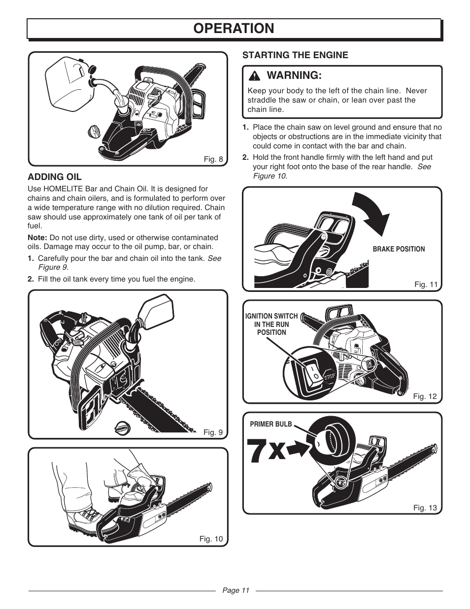 Operation, Warning | Homelite UT10927A User Manual | Page 11 / 36