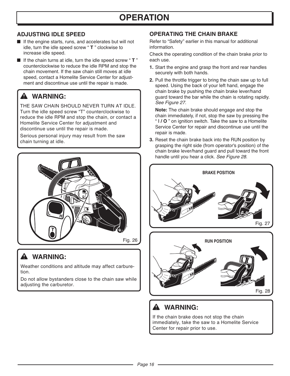 Operation, Warning | Homelite UT10927A User Manual | Page 16 / 36