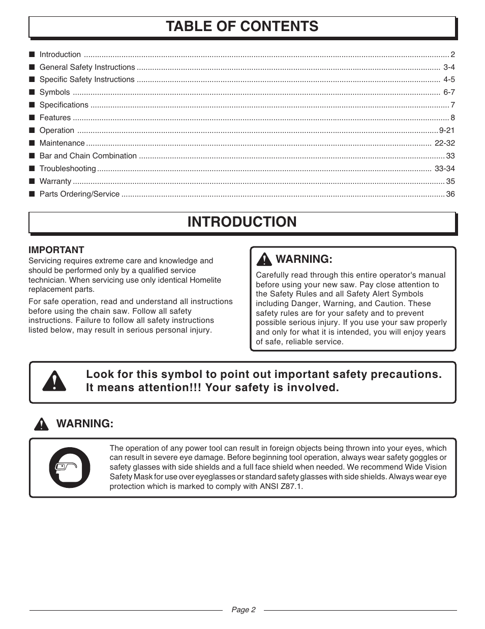Introduction table of contents | Homelite UT10927A User Manual | Page 2 / 36