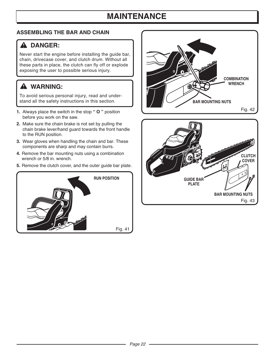 Maintenance, Danger, Warning | Homelite UT10927A User Manual | Page 22 / 36