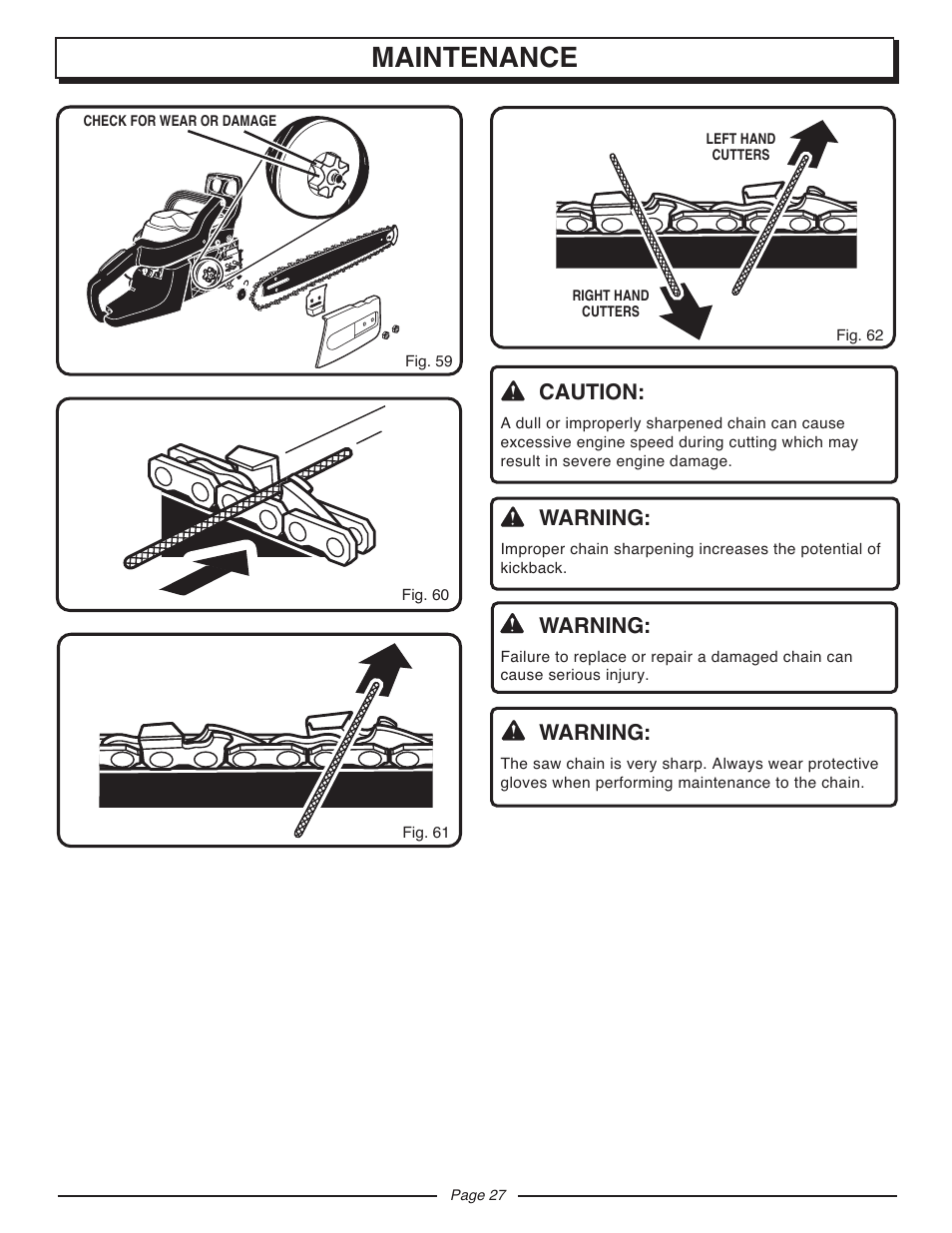 Maintenance, Caution, Warning | Homelite UT10927A User Manual | Page 27 / 36