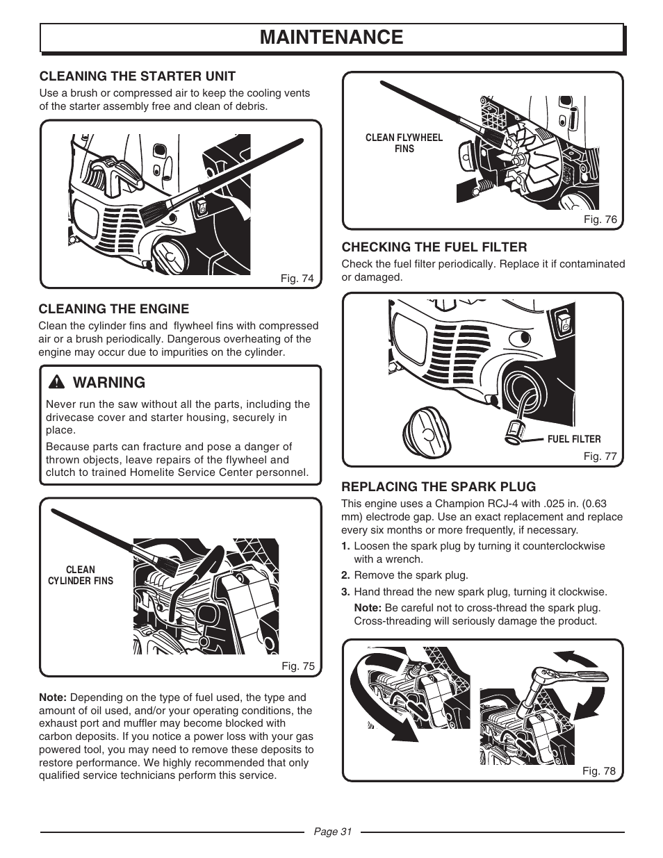 Maintenance, Warning | Homelite UT10927A User Manual | Page 31 / 36