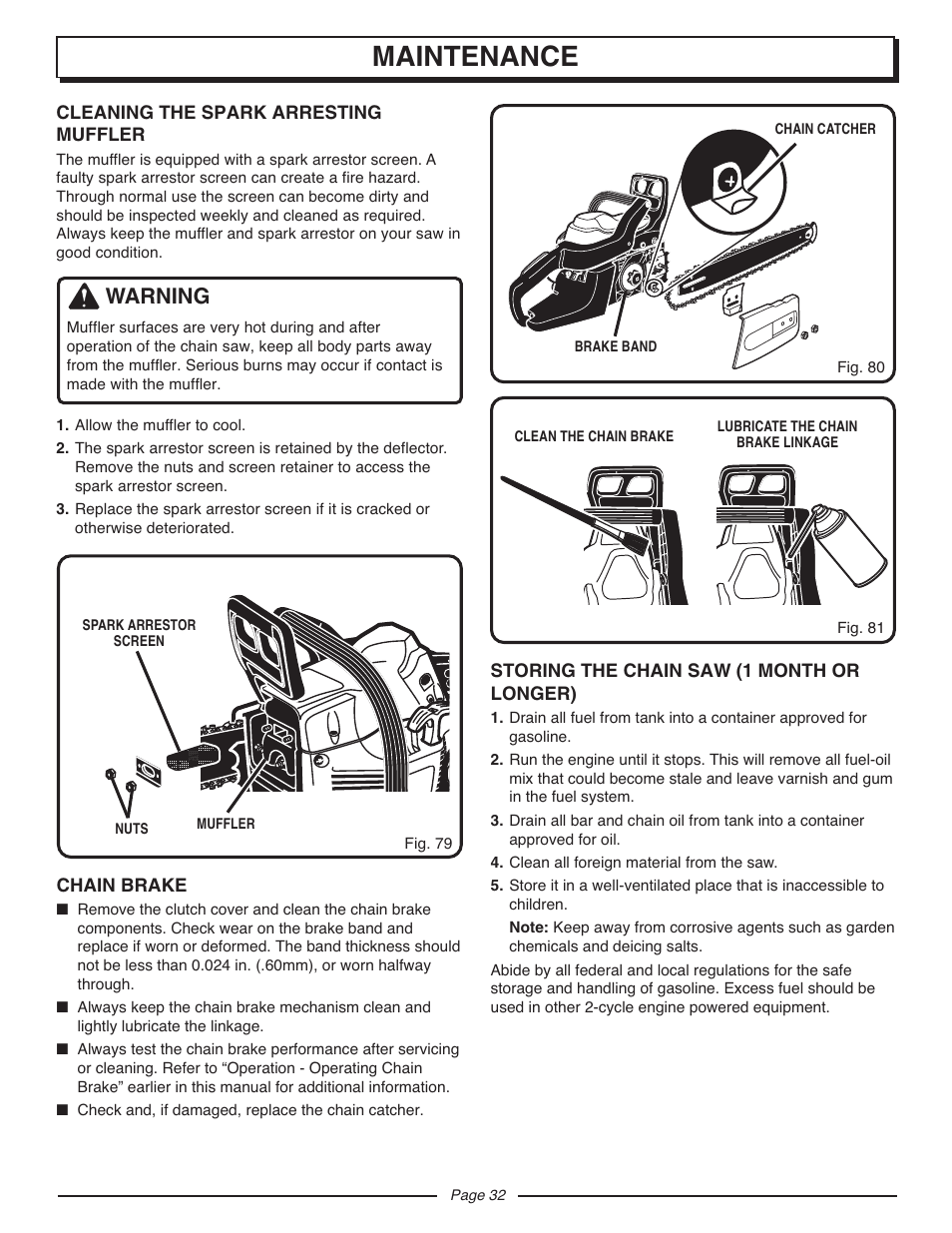 Maintenance, Warning | Homelite UT10927A User Manual | Page 32 / 36