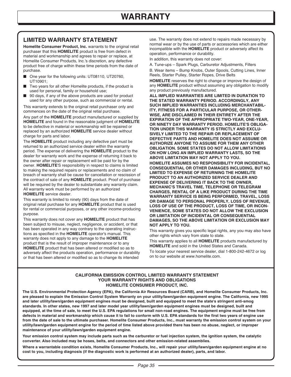 Warranty, Limited warranty statement | Homelite UT10927A User Manual | Page 35 / 36