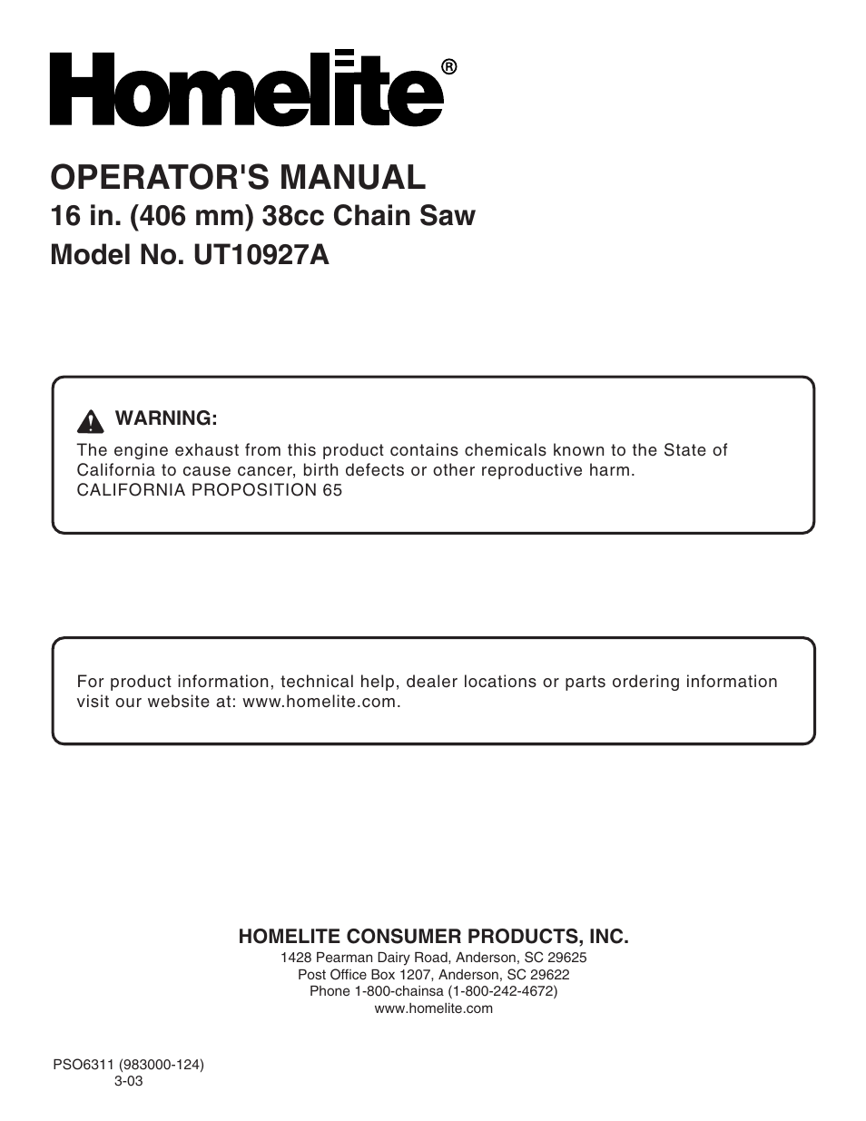 Operator's manual | Homelite UT10927A User Manual | Page 36 / 36