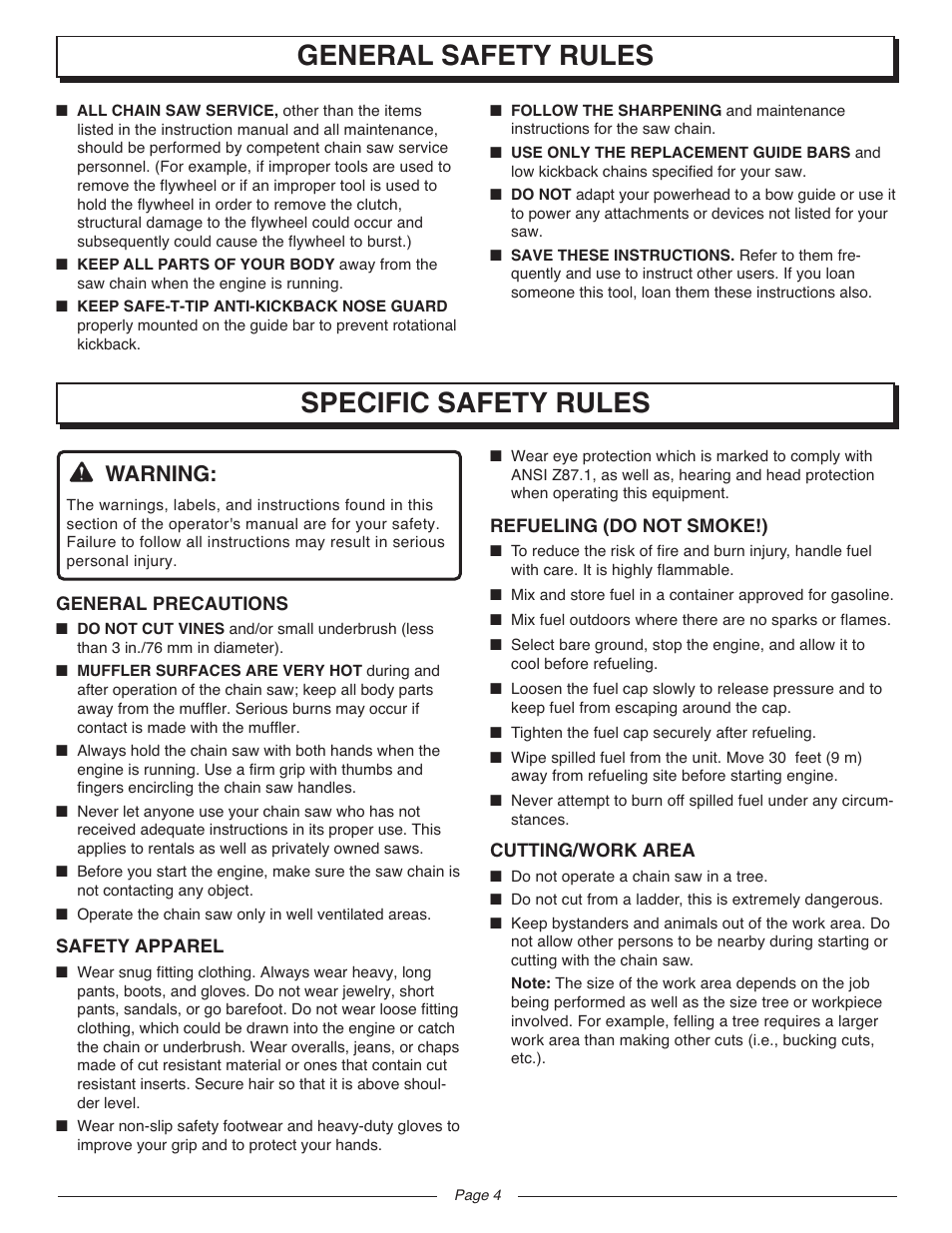 General safety rules specific safety rules, Warning | Homelite UT10927A User Manual | Page 4 / 36