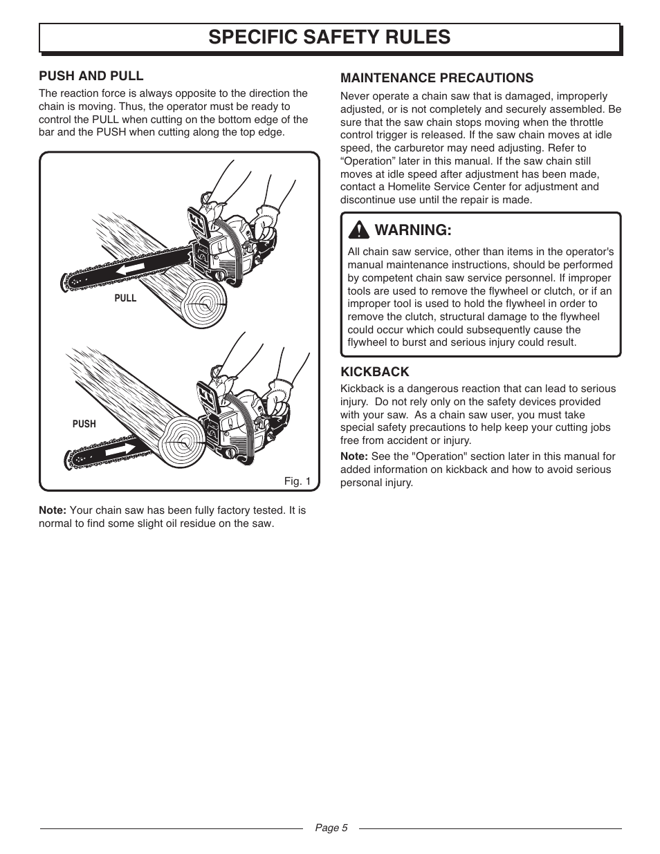 Specific safety rules, Warning | Homelite UT10927A User Manual | Page 5 / 36