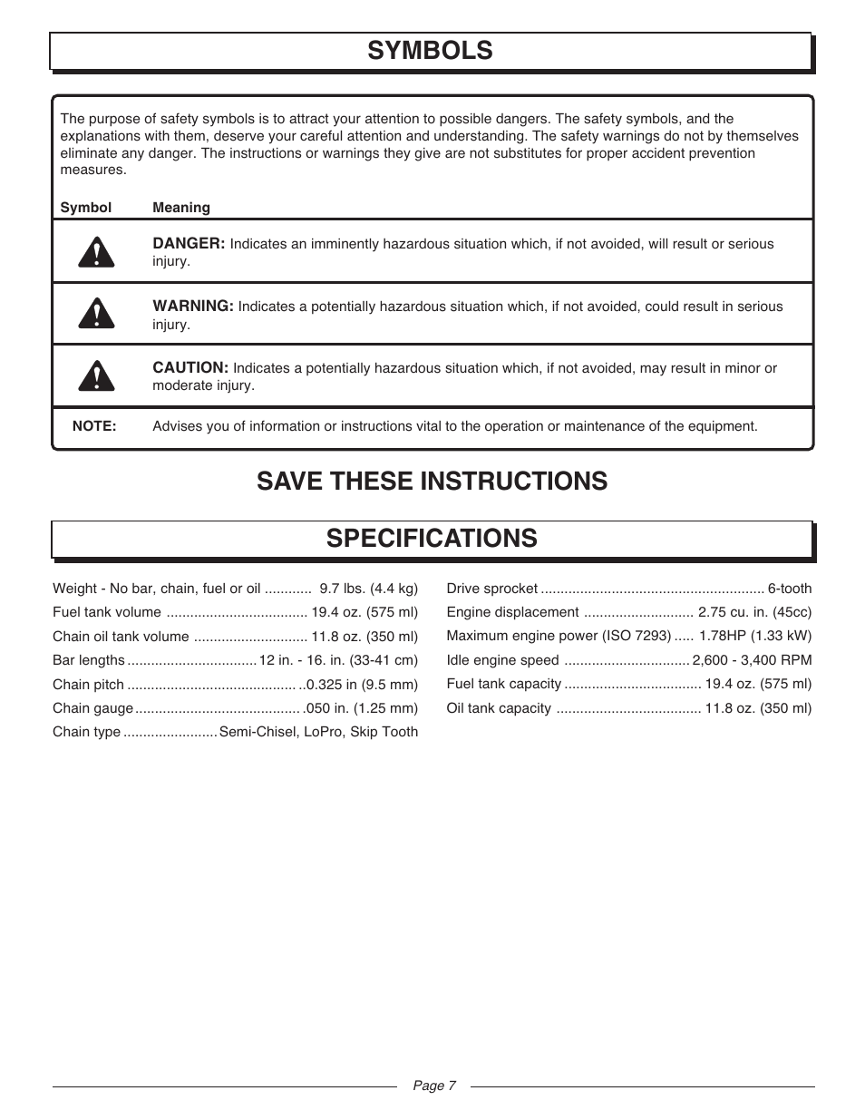 Save these instructions, Symbols specifications | Homelite UT10927A User Manual | Page 7 / 36