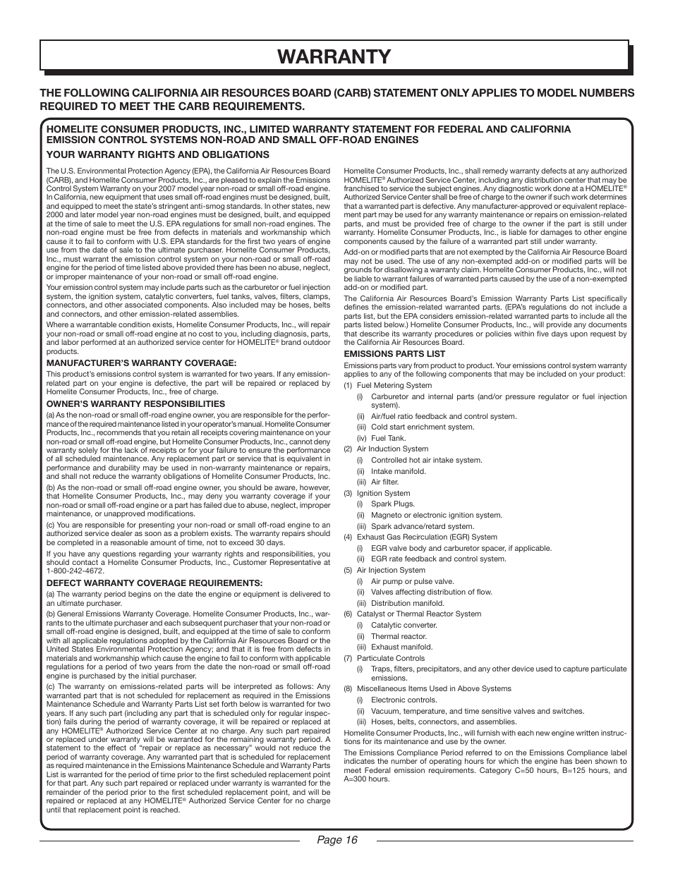 Warranty | Homelite MIGHTYLITE UT08520 User Manual | Page 16 / 18