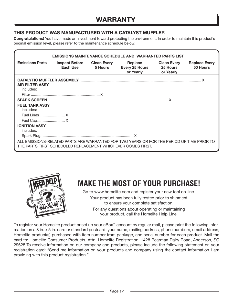 Make the most of your purchase, Warranty | Homelite MIGHTYLITE UT08520 User Manual | Page 17 / 18