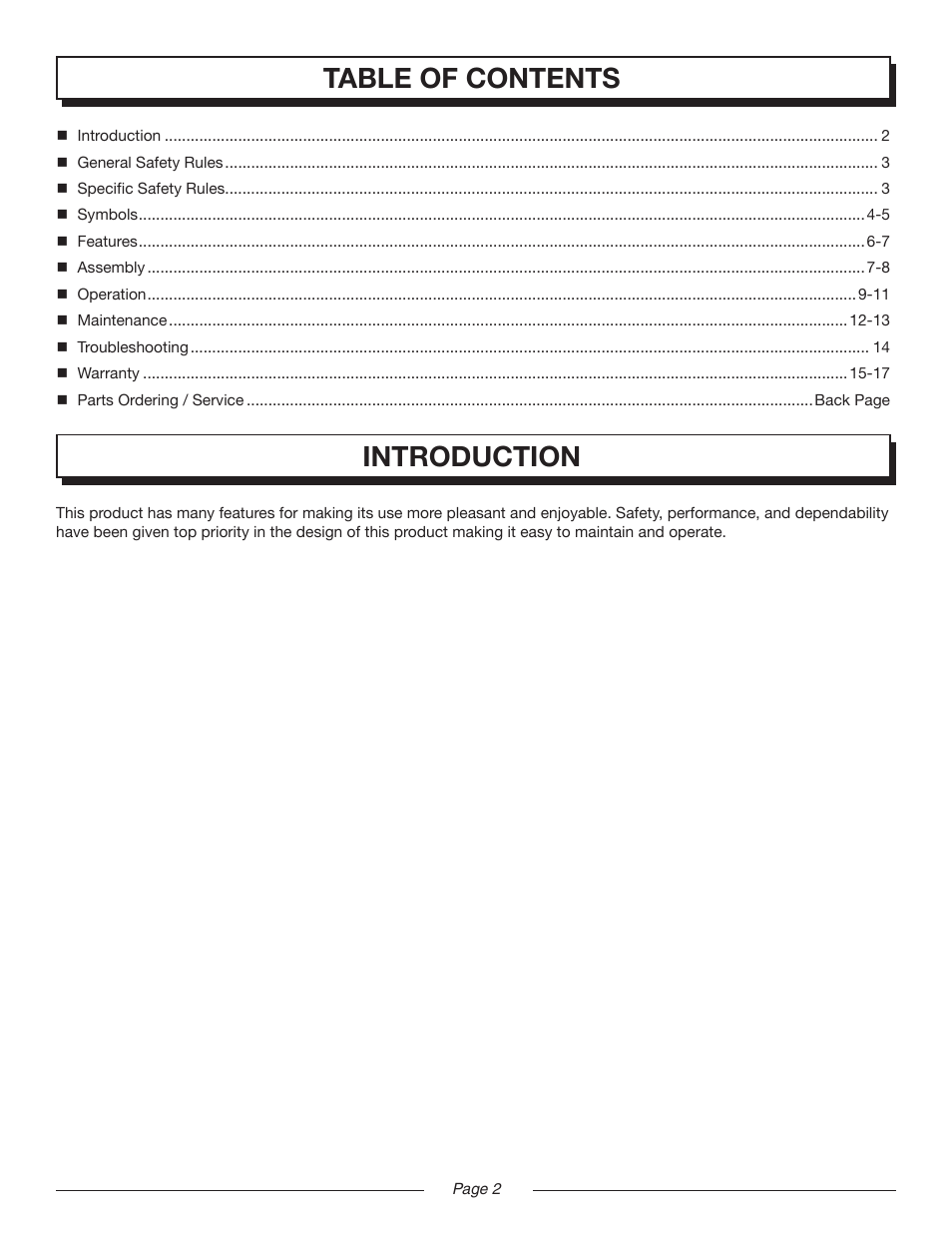 Table of contents introduction | Homelite MIGHTYLITE UT08520 User Manual | Page 2 / 18
