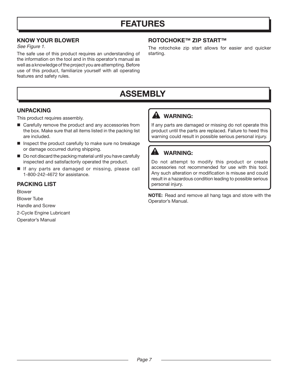 Assembly, Features | Homelite MIGHTYLITE UT08520 User Manual | Page 7 / 18