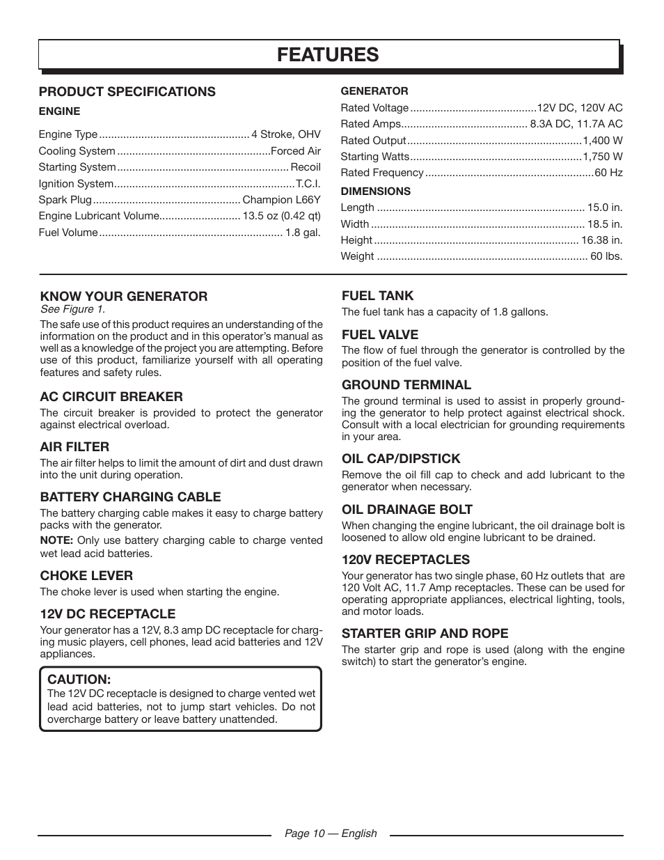 Features | Homelite HGCA1400 User Manual | Page 12 / 58