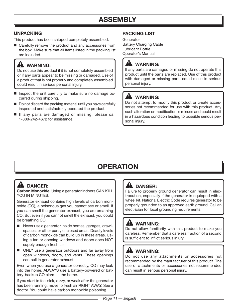 Assembly, Operation | Homelite HGCA1400 User Manual | Page 13 / 58